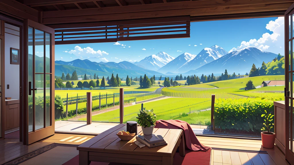 Create a central perspective landscape of a vineyard where you can see the trees and mountains