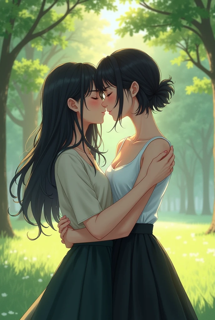 ,masterpiece, stunning realistic, photorealistic,sharpness, 2 girls,french kiss, lesbian kissing, tongue kiss, wet tongue, closed eyes,full body,standing in a forrest,big ,oversized clothes