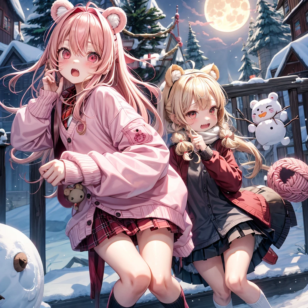 Pink Blonde、Red eyes、Hair tied up、Two cute、Checked mini skirt、black t-shirts、cardigan、coat、Knee-high socks、bear ears baseball cap、Burning Full Moon、The tree is dead、Snowballs are piling up、Cat Snowman、Teeth are visible、Monster Castle、Tilting face、crossing the bridge