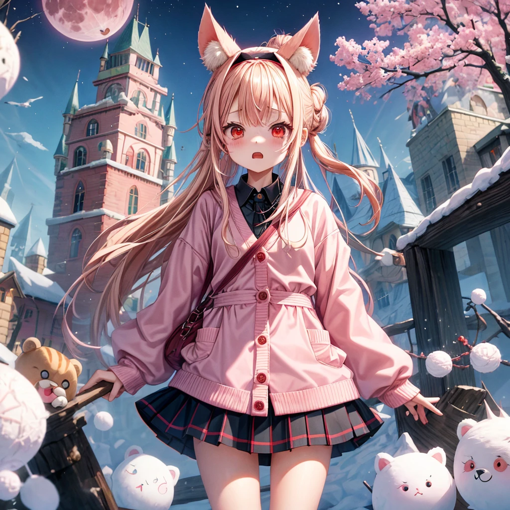 Pink Blonde、Red eyes、Hair tied up、Two cute、Checked mini skirt、black t-shirts、cardigan、coat、Knee-high socks、bear ears baseball cap、Burning Full Moon、The tree is dead、Snowballs are piling up、Cat Snowman、Teeth are visible、Monster Castle、Tilting face、crossing the bridge