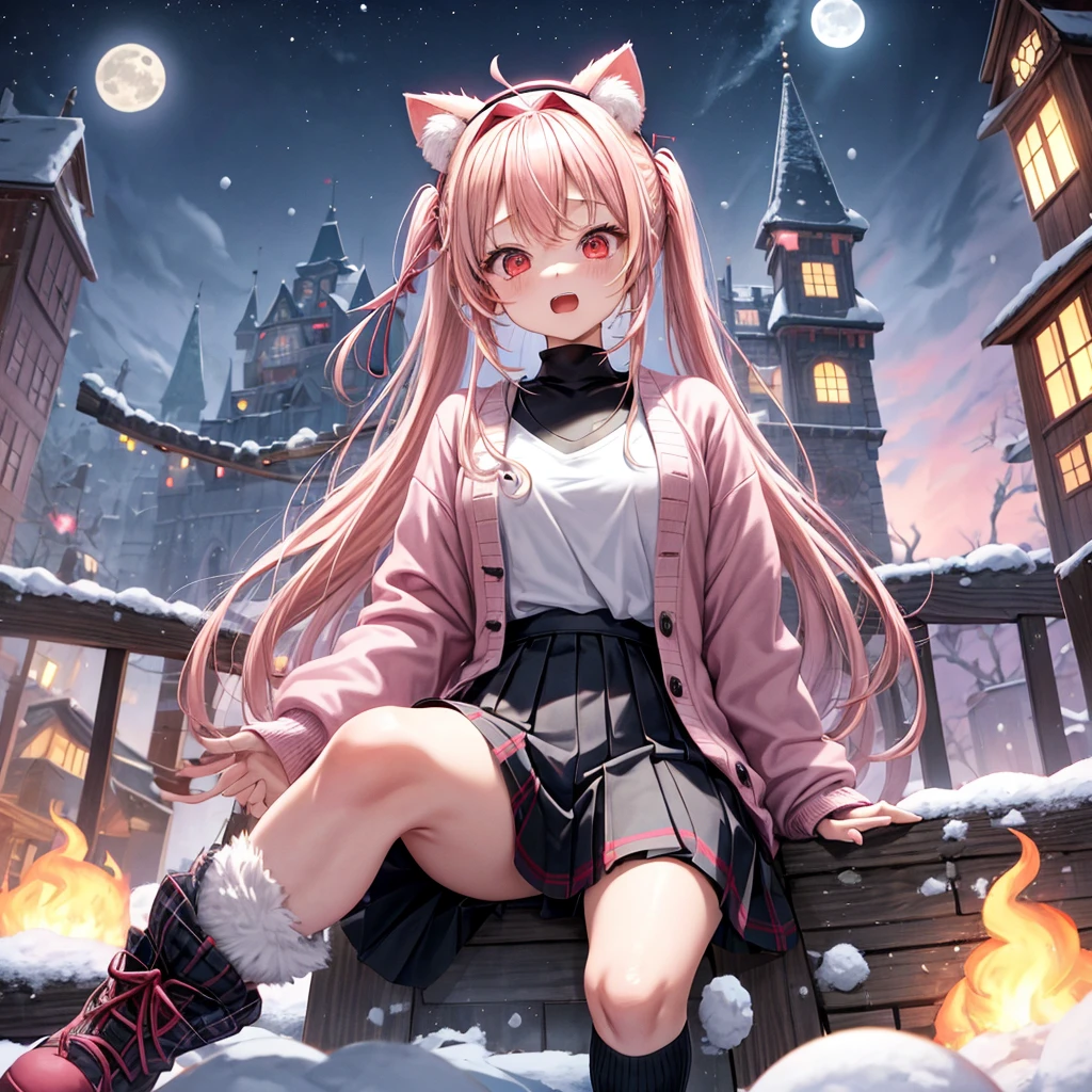 Pink Blonde、Red eyes、Hair tied up、Two cute、Checked mini skirt、black t-shirts、cardigan、coat、Knee-high socks、bear ears baseball cap、Burning Full Moon、The tree is dead、Snowballs are piling up、Cat Snowman、Teeth are visible、Monster Castle、Tilting face、crossing the bridge