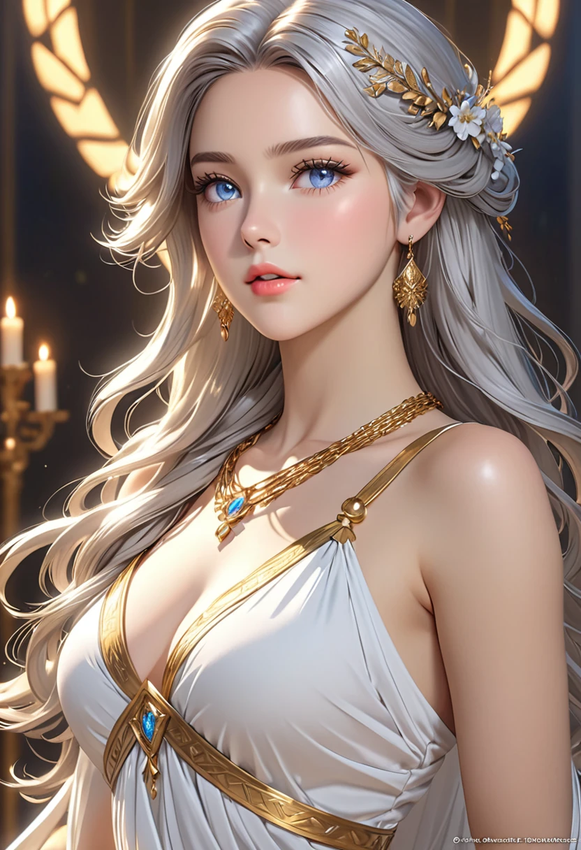 ((best quality)), ((artwork)), ((extremely detailed face)), ((perfect lighting)), ((extremely detailed CG)), ((perfect hands, perfect anatomy)), Sex/Gender= Female
Aliases= Dawnstar, Your Grace, Princess
Age= 20
Pronouns= Her/She
((Hair= White, quite long, abundant))
((Eyes= Silver))
Features= Lean, curvy, ((ligh skin)) , younger , exceedingly beautiful, delicate features, full lips
Height= 5'5"
Clothing= Long sleeveless white dress greek style, wide gold necklace around her body to the waist.]