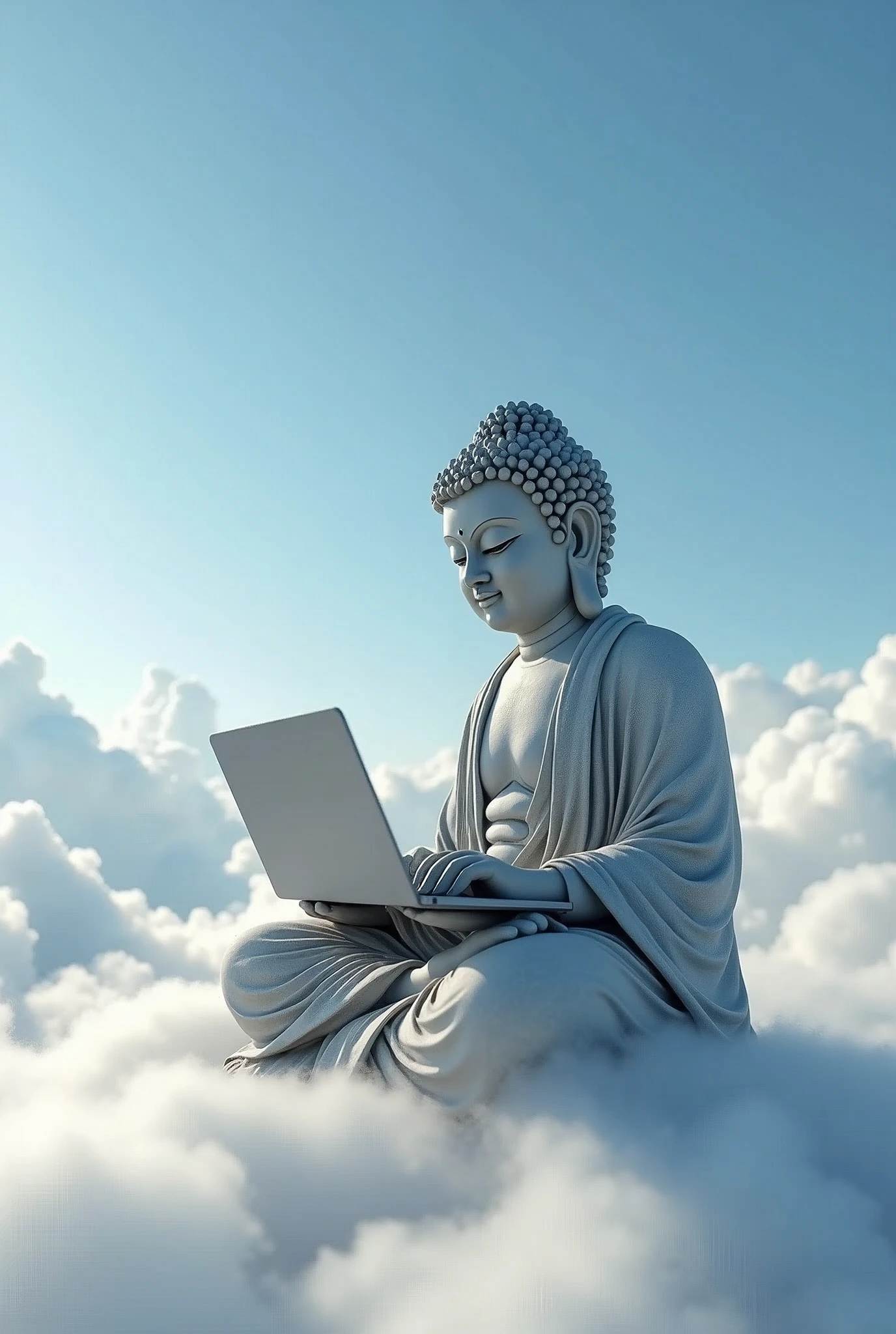 A gray Buddha statue sits on the clouds, holding an open laptop in his hand and working hard. The sky is blue with white clouds floating around. This scene showcases a realistic photography style with high resolution and high detail. It has a strong three-dimensional sense and perfect details. With ultra-high definition images, it presents a cinematic feel. --ar 2:3 --quality 2 --style raw --personalize jzwni9d
