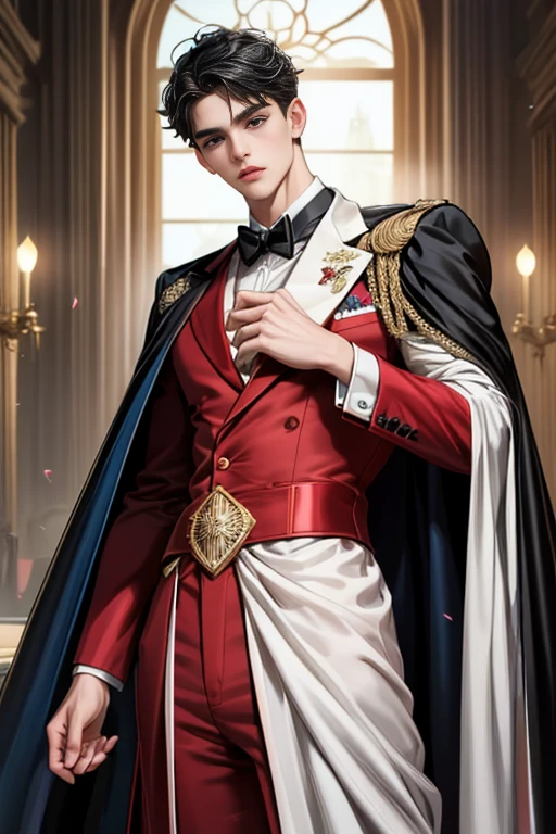 
masterpiece, 最high quality, high quality, 1 boy, alone, Male focus, Watching the audience,  Messy black hair, Adorable big blue eyes, White, Noble, Noble,A sexy, voluminous, puffy cape、tuxedo、A very voluminous, large, very large, very large, long, long red and black cape with a high stand-up collar, made of a lot of fabric that reaches down to the floor., ,Cute beautiful boys,Cute, cute, kind, handsome guy