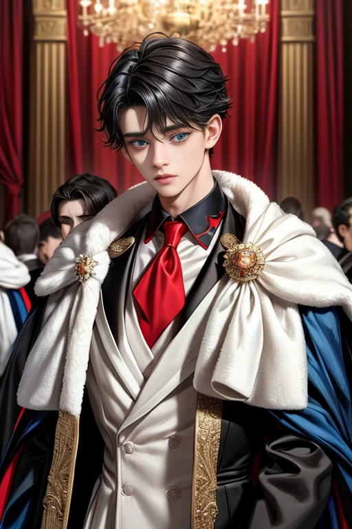 
masterpiece, 最high quality, high quality, 1 boy, alone, Male focus, Watching the audience,  Messy black hair, Adorable big blue eyes, White, Noble, Noble,A sexy, voluminous, puffy cape、tuxedo、A very voluminous, large, very large, very large, long, long red and black cape with a high stand-up collar, made of a lot of fabric that reaches down to the floor., ,Cute beautiful boys,Cute, cute, kind, handsome guy