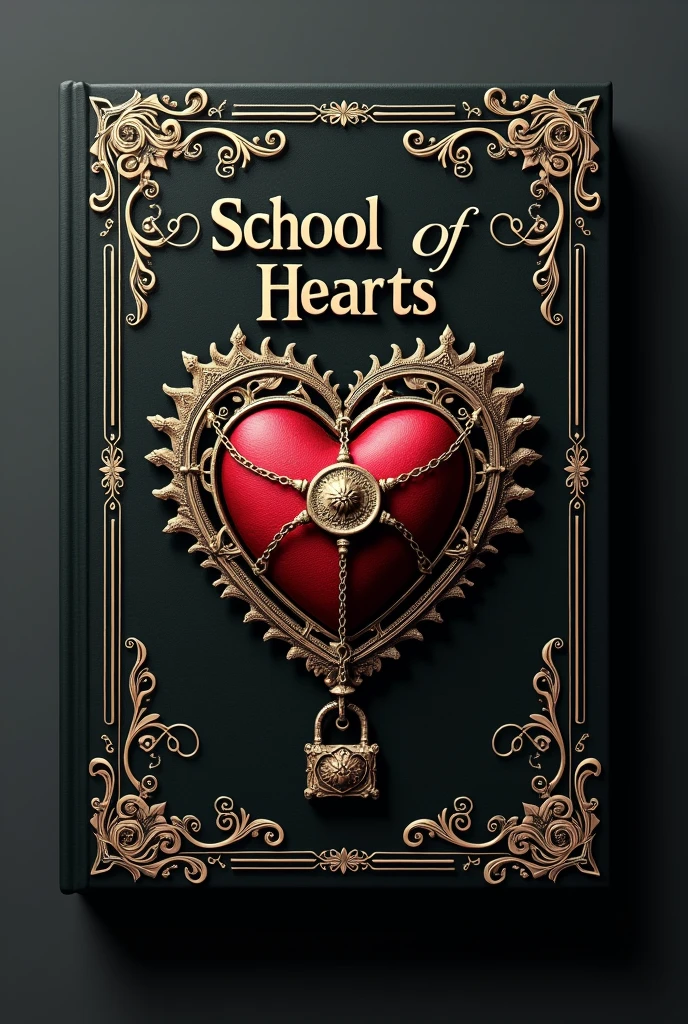 Cover for book with the title "School of hearts" An elegant black book, a heart in the middle with chains and a padlock on it, with beautiful white and gold touches, Title at the top.