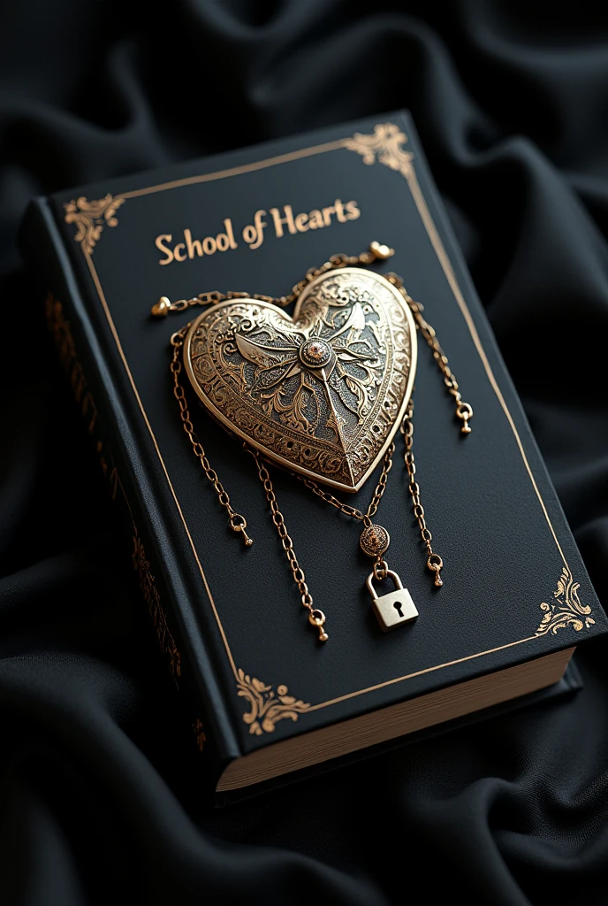 Cover for book with the title "School of hearts" An elegant black book, a heart in the middle with chains and a padlock on it, with beautiful white and gold touches, Title at the top.