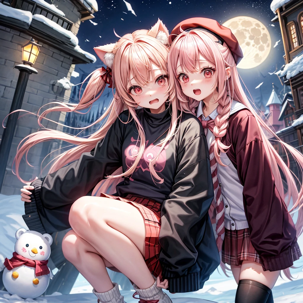 Pink Blonde、Red eyes、Hair tied up、Two cute、Checked mini skirt、black t-shirts、cardigan、coat、Knee-high socks、bear ears baseball cap、Burning Full Moon、The tree is dead、Snowballs are piling up、Cat Snowman、Teeth are visible、Monster Castle、Tilting face、crossing the bridge