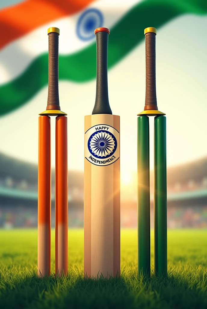 Indian Independence day poster with saffron, white & green colors on each of the 3 wickets used in cricket game with indian flag in the background and inscript "Happy Independence Day" on cricket bat