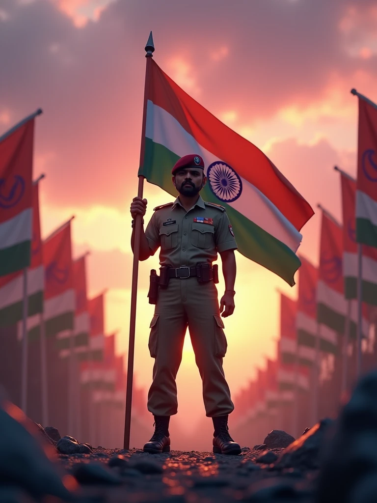 There is an Indian Indian Army who is the flag of India in front of him and seeing all the Army flags are cellut. The background shows a blurred outdoor scene with rocky terrain and a vibrant pink and purple sunset sky. The lighting gives the image a warm, golden-hour glow. The overall mood is rugged yet stylish, with a touch of adventure. -imagine -