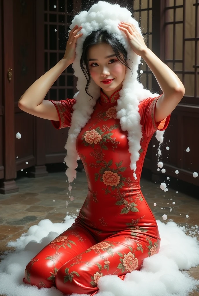 Create an Asian beauty,Red high collar traditional cheongsam with prints,Now on the ground,Scratching the scalp with both hands,Two hands washing hair on top of head,There is a lot of foam on the head,Foam wrap head,Realistic foam,The expression is happy,Real People,The characters are realistic and realistic,Ancient style room background,9:16 frames,Ultra HD painting