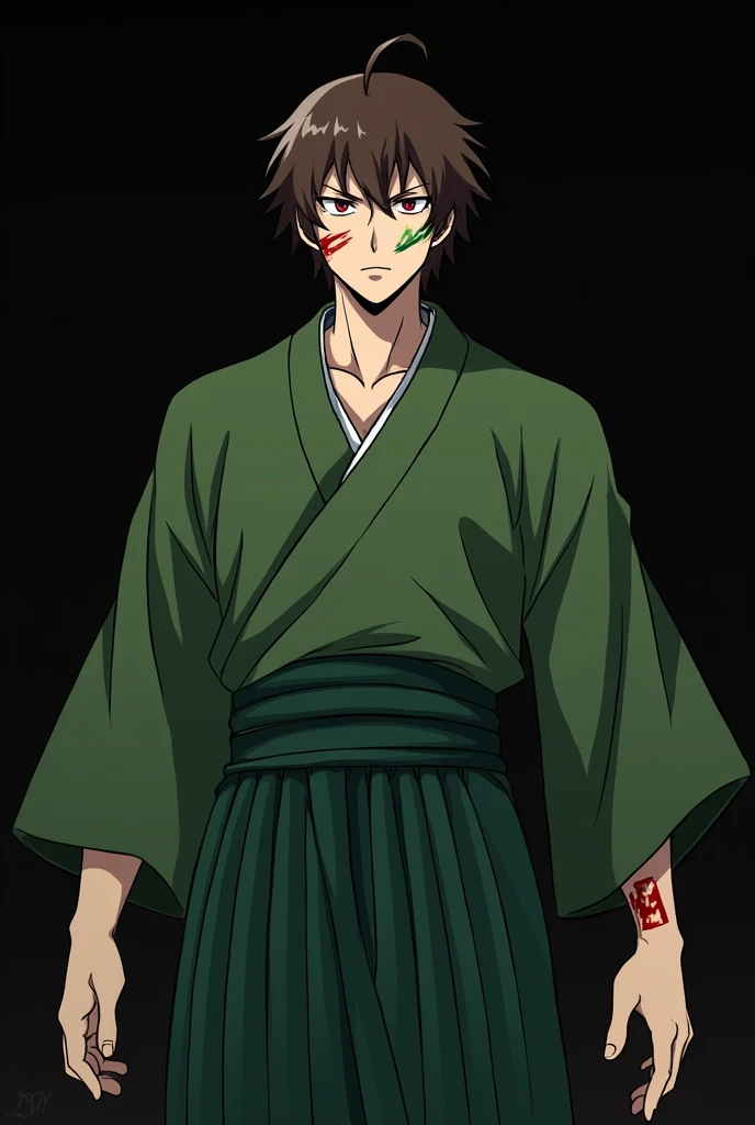 ((action)) ((Best movie illumination)) ((wallpaper)) ((4K)) ((masterpiece)) Kimetsu no Yaiba style, kamado tanjiro, Demon Slayer uniform, One person, Men's Center, scar on face, arms, scar, Earrings, teeth, jewelry, pants, scar on forehead, Brown Hair, belt, black pants, kimono, Haori, green Haori, alone, Red eyes, Long sleeve, Anime Coloring, ((masterpiece)), smile, please sit down, kamado tanjiro cloth, Tanjiro Green Kimono,Ryoma Sakamoto