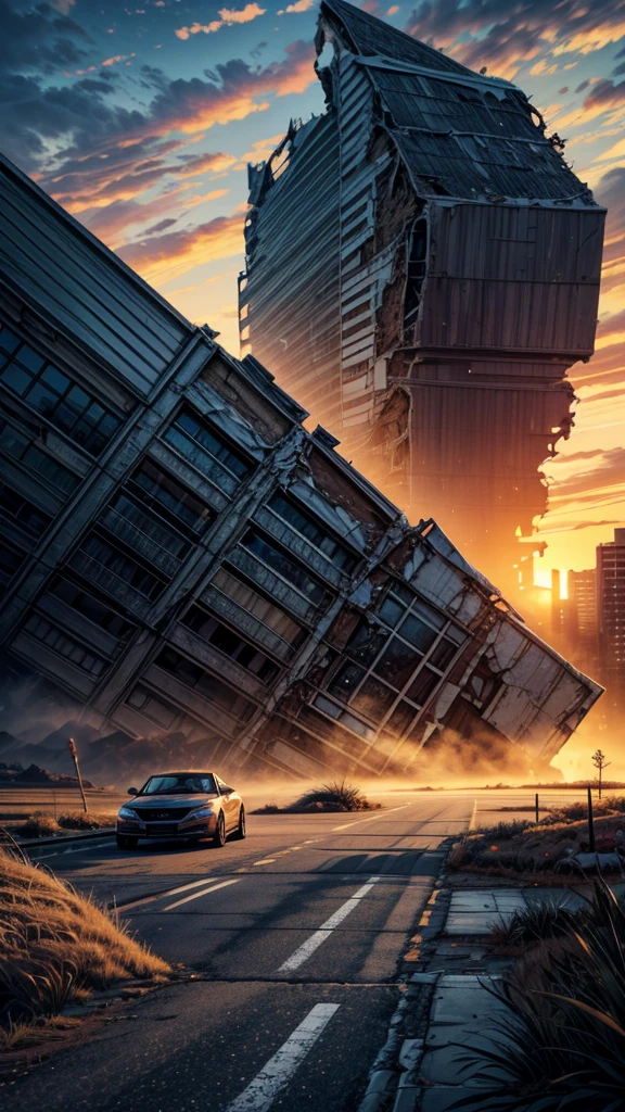 landscape, scenery, no humans, building, wide shot, semi realistic, masterpiece, sharp focus, ultra detailed, absurdres, highres, dynamic lighting, collapse, dusty, asphalt