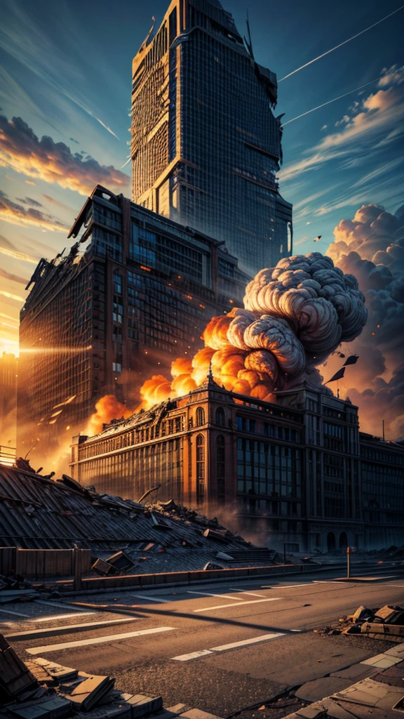 landscape, scenery, no humans, building, wide shot, semi realistic, masterpiece, sharp focus, ultra detailed, absurdres, highres, dynamic lighting, collapse, dusty, asphalt