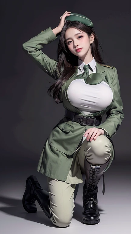 Typical and detailed CG Unity 8K wallpaper，（masterpiece），（Best Character Detail：1.36），Nikon D750F / 1.4 55 mm，original photo，Professional lighting， Physically Based Rendering, 1 busty girl, Female Soldiers，(Dark green military uniform，(Dark green military uniform)，Business suite，Fabric texture military uniform, Perfect military calm)，(Wear a plain white shirt under your jacket:1.25)，(Black Tie)，(Military cap，High heel，Full body view，Kneel on one leg:Put your hands behind your head，(Have a delicate face:1.2):0.2]:，Pure love face_v1，(Large Breasts:1.55),(),(Put on your boots:1.45),(Put your hands on your head，Draw a heart shape:1.55),(I look up from below:1.55)，Large Breasts，Thin waist，Loyal Maid，Obey everything,Very obedient，付出型性格和Likeable的个性，Obedient personality、Likeable，Absolute obedience，Absolute obedience，Willing to give everything，Waiting for orders with a confident smile