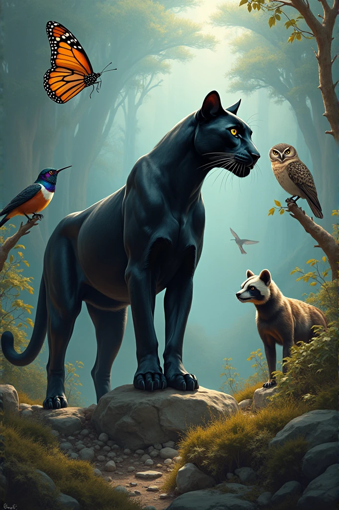 Owl, Black Panther, monarch butterfly hummingbird, honey badger