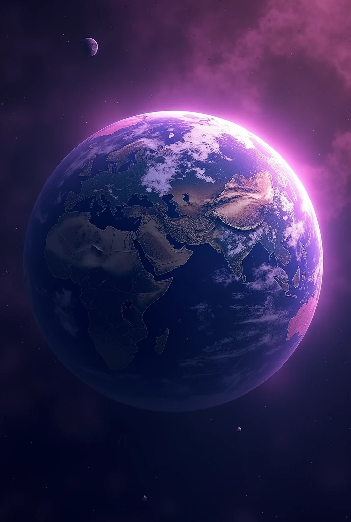 A unique purple and blue planet with has no rings on it, and it similar to earth