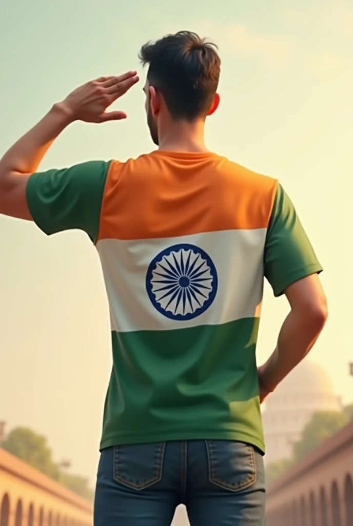 A man is saluting, That man has the Indian flag on the back of his T-shirt. Animation image