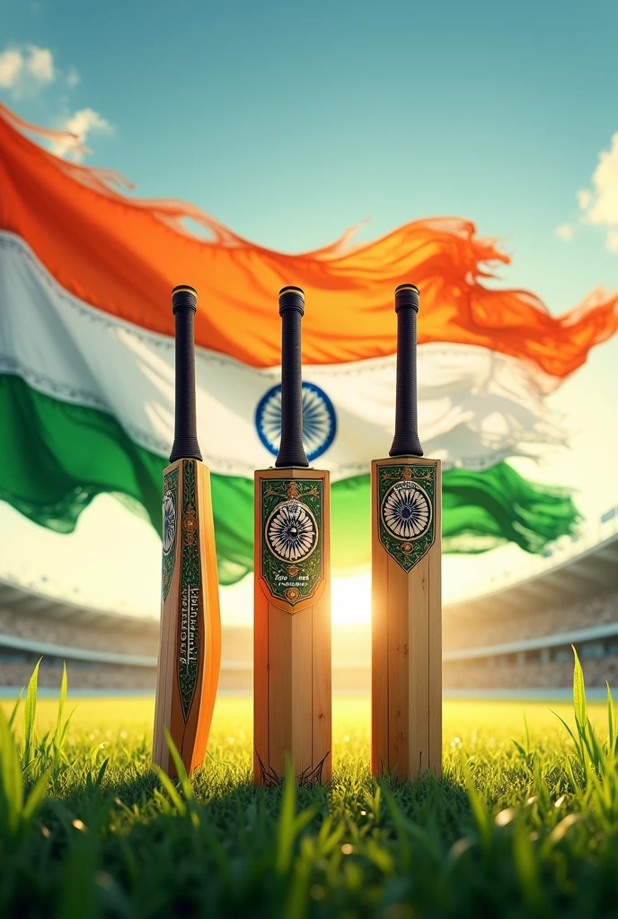 Indian Independence day poster with saffron, white & green colors on each of the 3 wickets used in cricket game with indian flag in the background and inscript "Happy Independence Day" on cricket bat