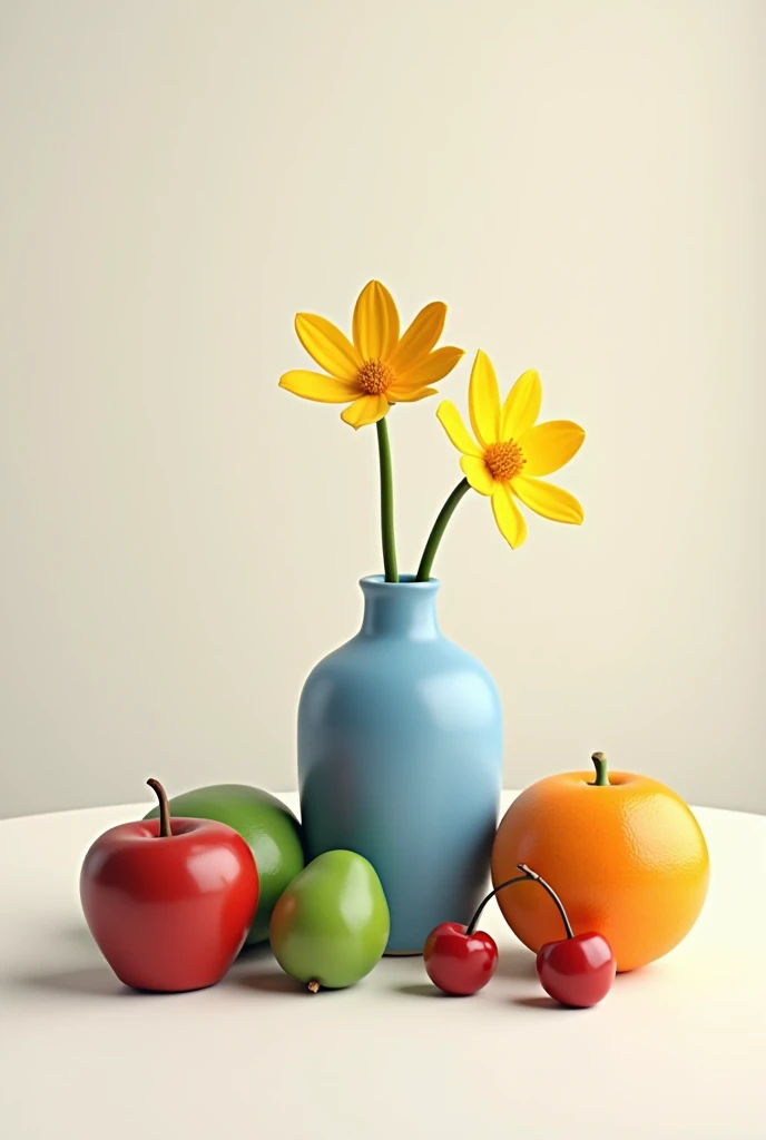 Simple blue vase with shadows with 2 simple yellow flowers, 1 red apple, 2 cherries, 1 green mango and 1 orange one that looks like the photo