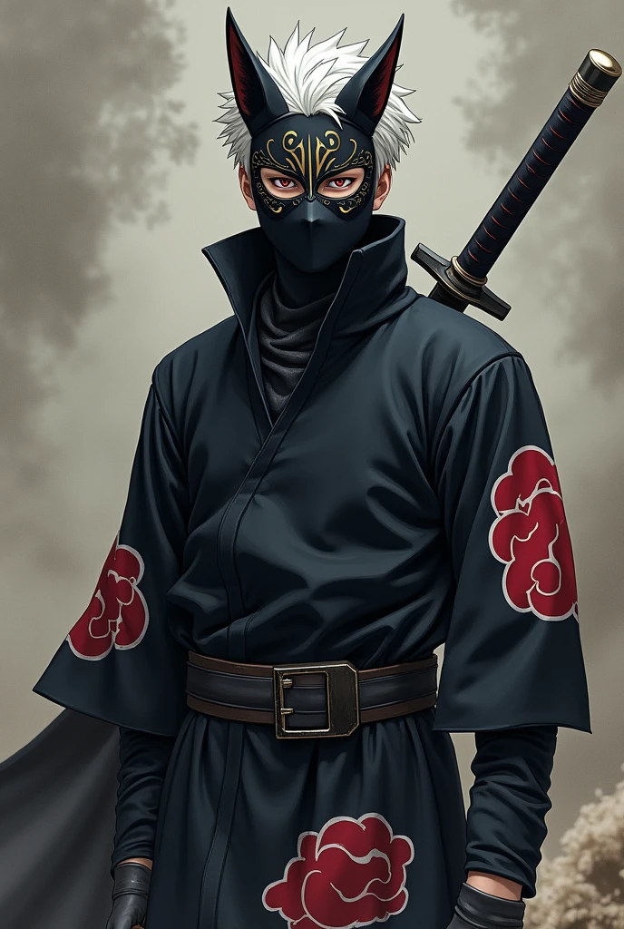 male anbu black fox mask with gold lining at the eye, wearing akatsuki robe, white short hair, with great sword at back, anime
