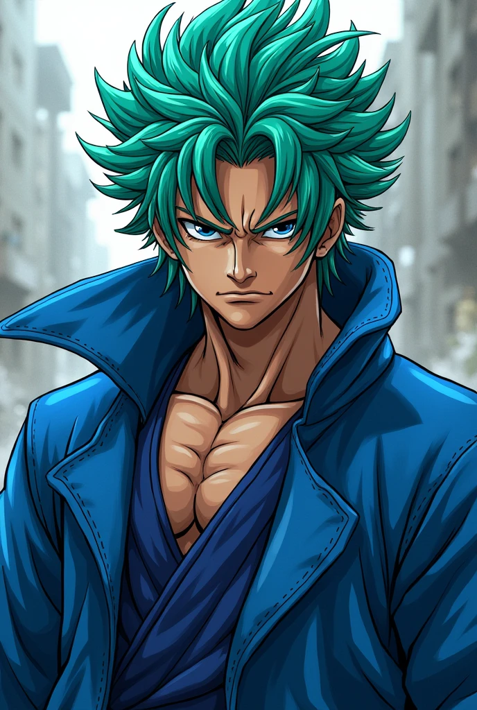 homem, metade branco, metade preto, olho esquerdo verde, olho direito azul, musculoso, sem camisa