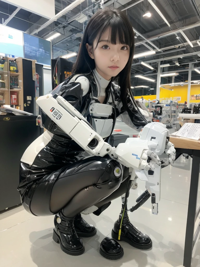 masterpiece, Highest quality, Very detailed, Japaese アンDroid girl,Portraiture,Plump,Thick,Control panel,アンDroid,Droid,Mechanical Hand, robotの腕と脚, Black Hair,Blunt bangs,perfect robot girl,Long tube,A thick cable was attached to her neck.,アンDroid,robot,humanoid,cyborg,japanese cyborg girl ,robot-assembly plant,She is now assembling,Assembly scene,Chubby,Squat