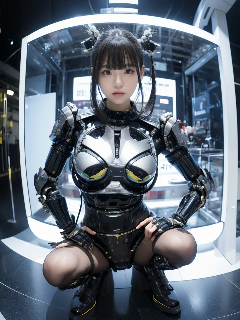 masterpiece, Highest quality, Very detailed, Japaese アンDroid girl,Portraiture,Plump,Thick,Control panel,アンDroid,Droid,Mechanical Hand, robotの腕と脚, Black Hair,Blunt bangs,perfect robot girl,Long tube,A thick cable was attached to her neck.,アンDroid,robot,humanoid,cyborg,japanese cyborg girl ,robot-assembly plant,She is now assembling,Assembly scene,Chubby,Squat