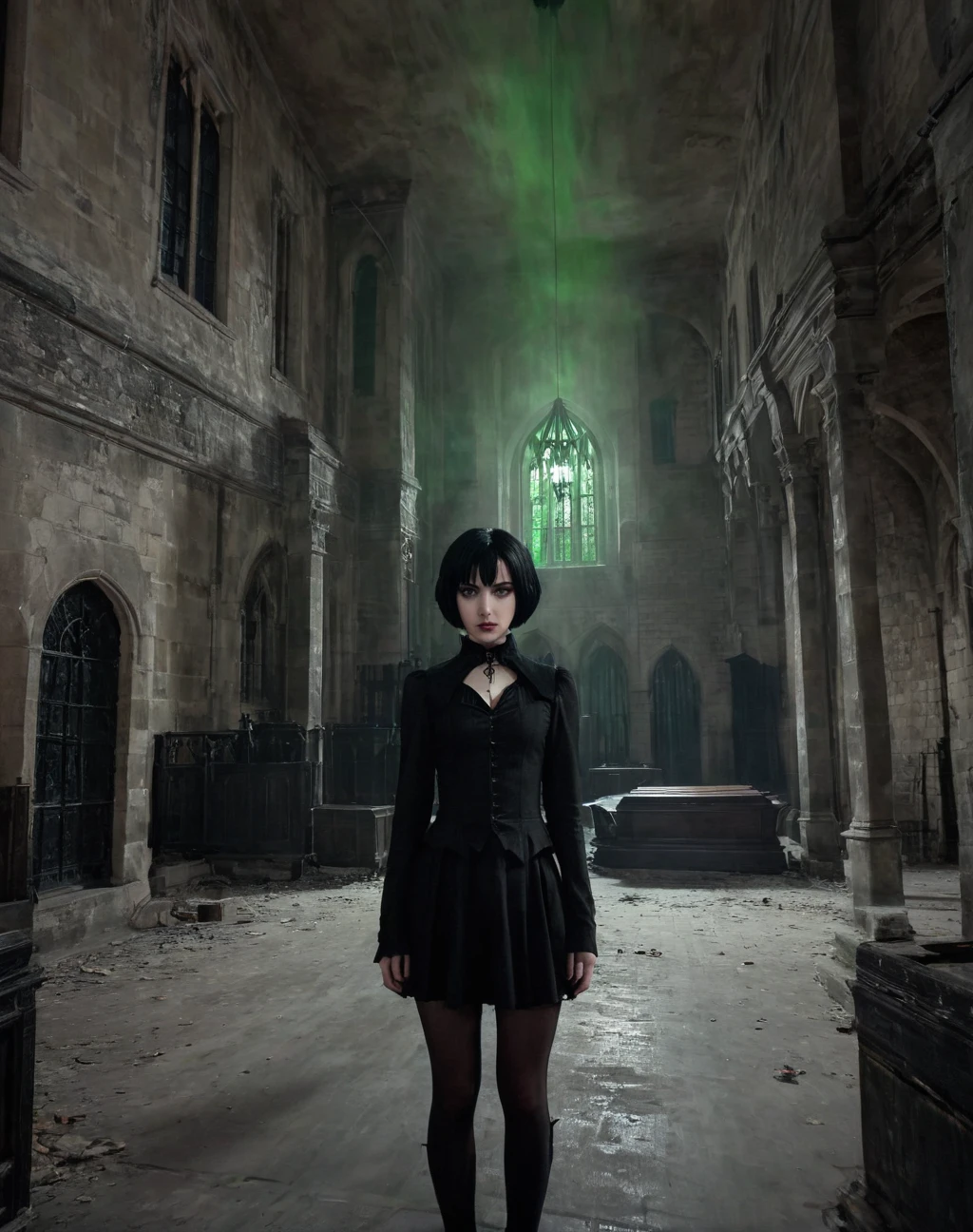 11 years old daughter of Severus Snape, green eyes , gothic style, gothic vampire girl, short black hair, bite marks on the neck, gothic mansion hall, mal iluminado, lu Z de velas, coffins on the floor
