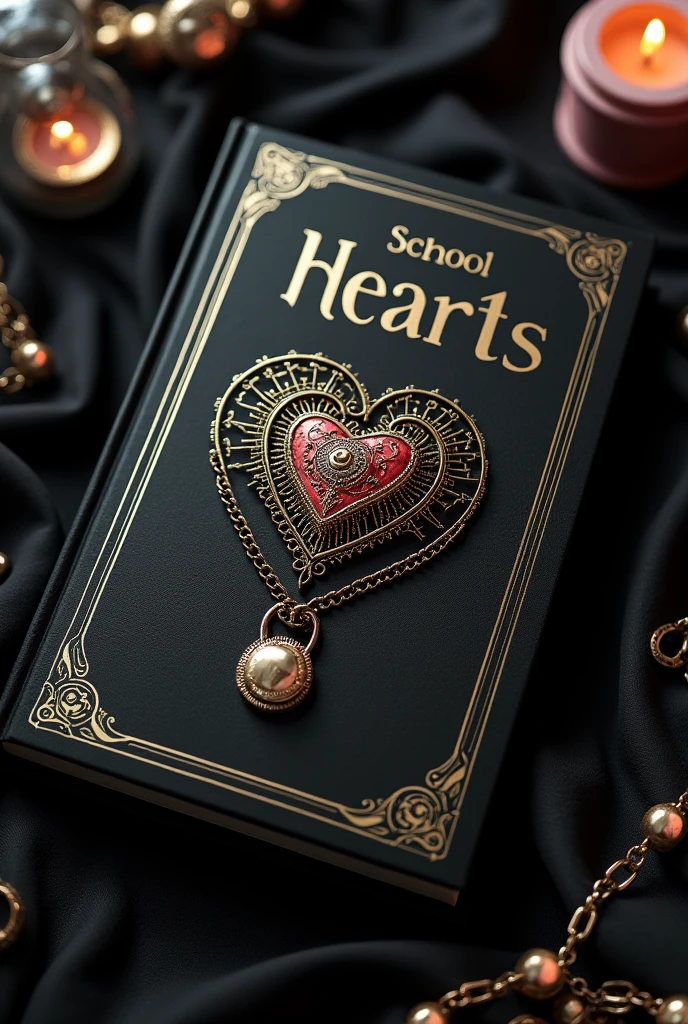 Cover for book with the title "School of hearts"in Spanish. An elegant black book, a heart in the middle with chains and a padlock on it, with beautiful white and gold touches, Title at the top. 