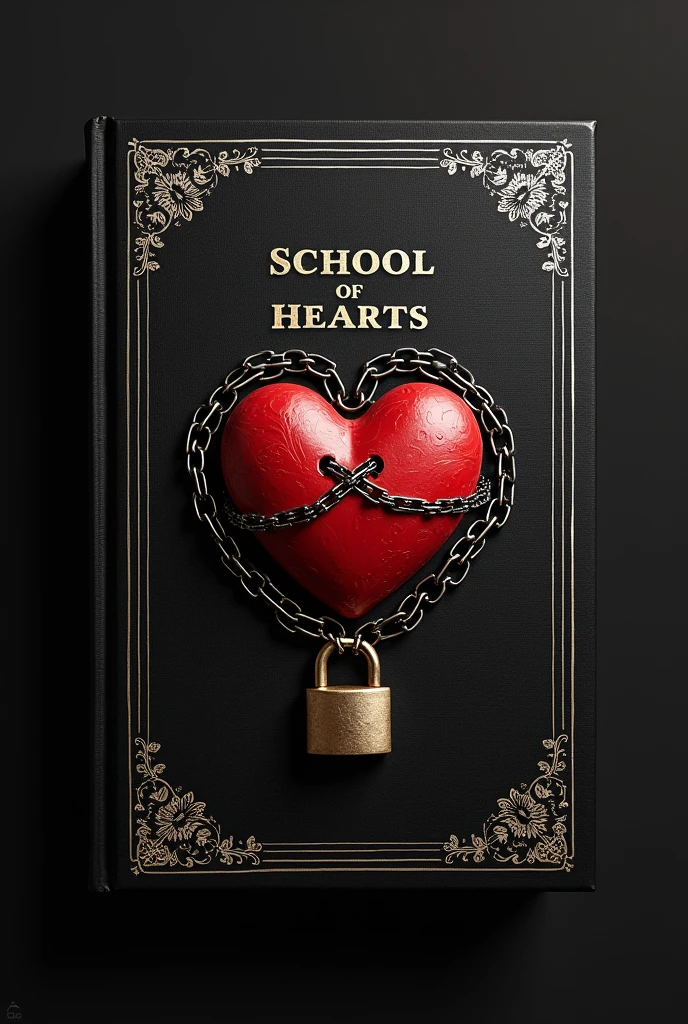 Cover for book with the title "School of hearts"in Spanish. An elegant black book, a heart in the middle with chains and a padlock on it, with beautiful white and gold touches, Title at the top.