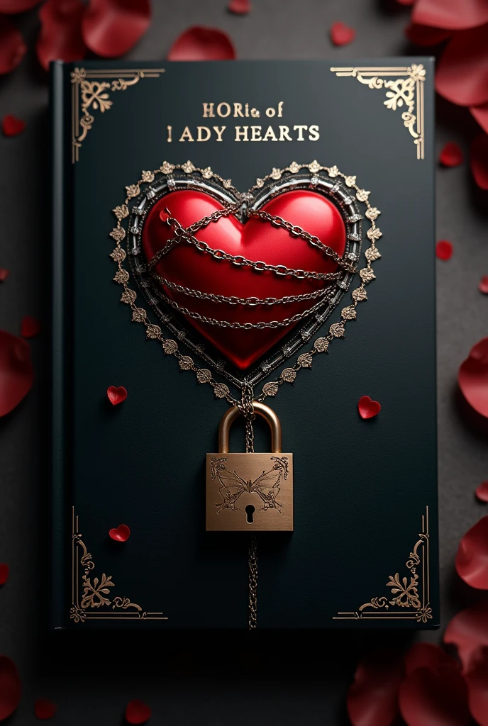 Cover for book with the title "School of hearts"in Spanish. An elegant black book, a heart in the middle with chains and a padlock on it, with beautiful white and gold touches, Title at the top.