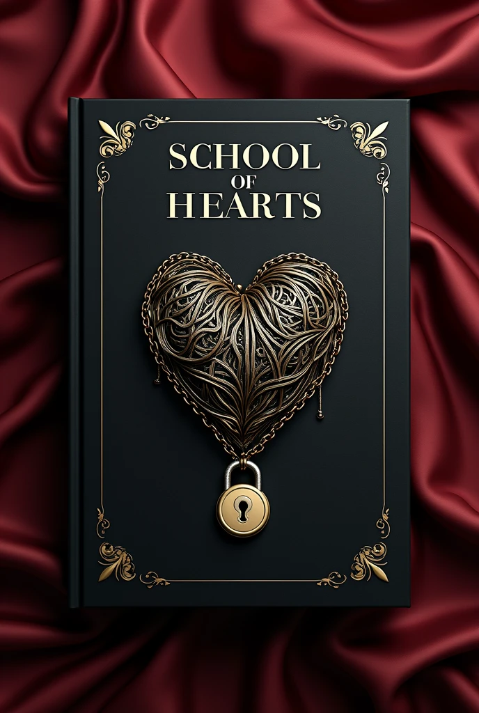 Cover for book with the title "School of hearts"in Spanish. An elegant black book, a heart in the middle with chains and a padlock on it, with beautiful white and gold touches, Title at the top.