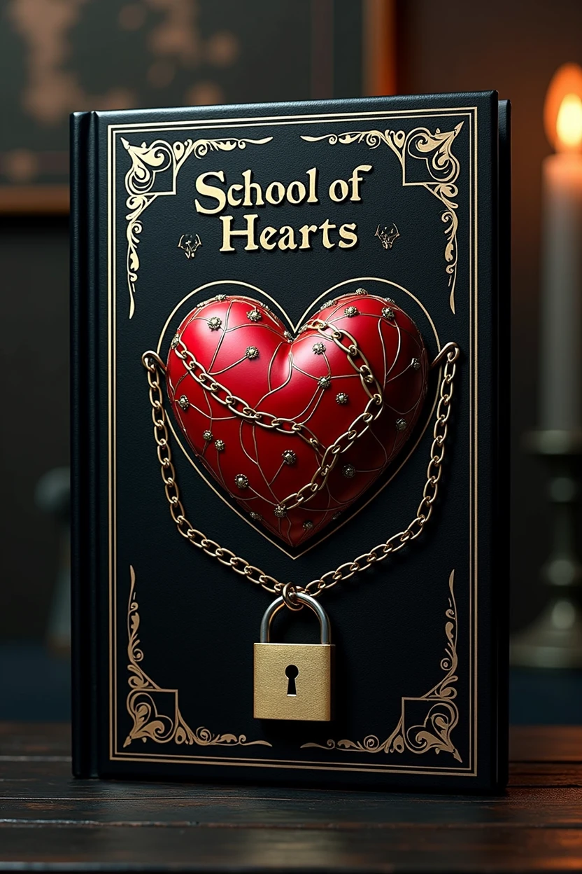 Cover for book with the title "School of hearts" An elegant black book, a heart in the middle with chains and a padlock on it, with beautiful white and gold touches, Title at the top.