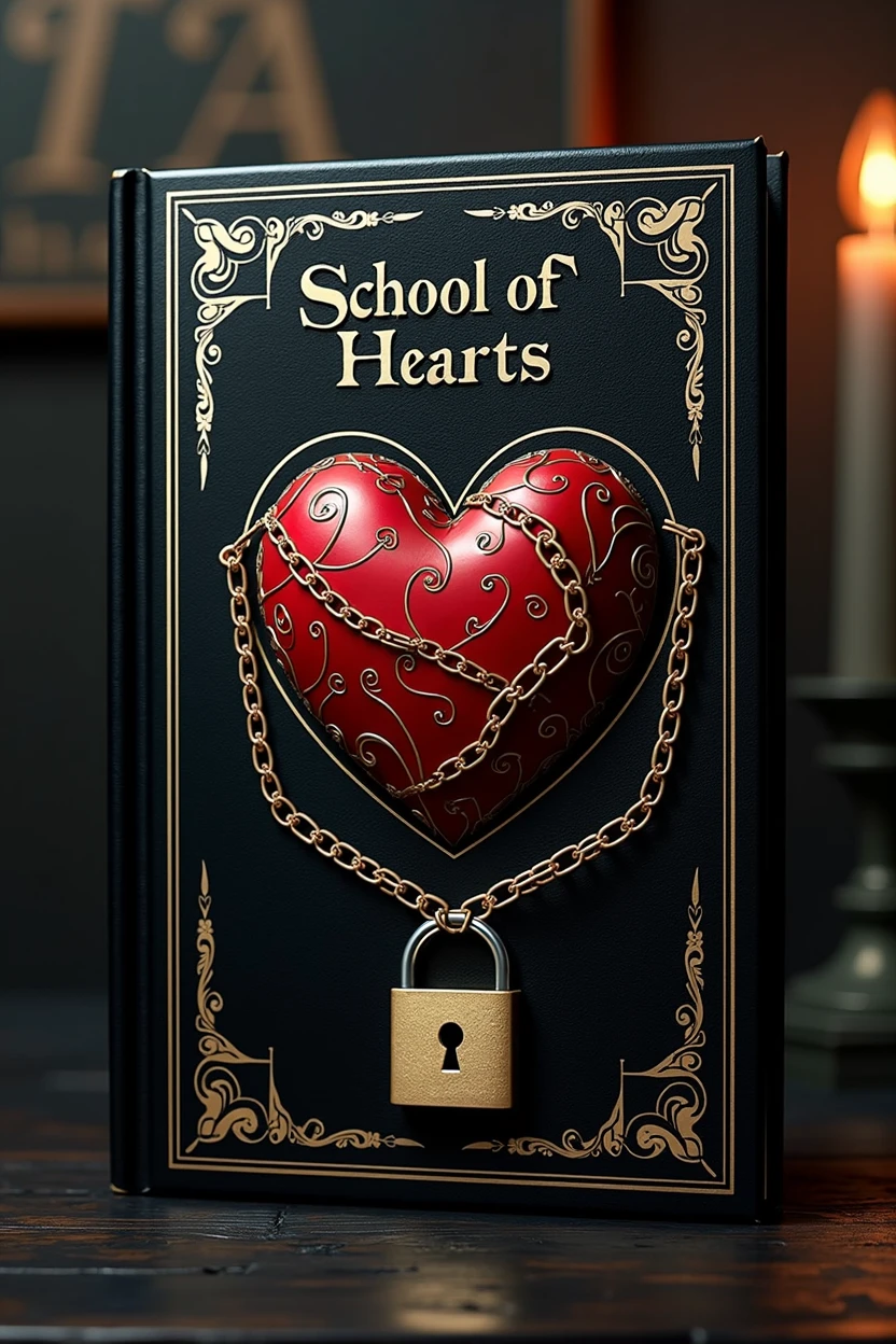 Cover for book with the title "School of hearts" An elegant black book, a heart in the middle with chains and a padlock on it, with beautiful white and gold touches, Title at the top.