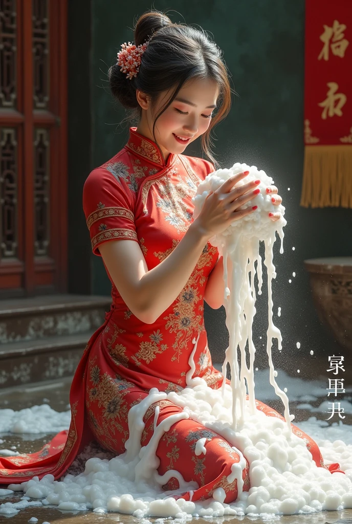 Create an Asian beauty,Red high collar traditional cheongsam with prints,Now on the ground,Scratching the scalp with both hands,Two hands washing hair on top of head,There is a lot of foam on the head,Foam wrap head,Realistic foam,The expression is happy,Real People,The characters are realistic and realistic,Ancient style room background,9:16 frames,Ultra HD painting