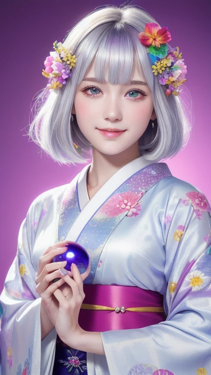 (masterpiece: 1.3), (8k, Realistic, RAW Photos, Highest quality: 1.4), (Single women), Beautiful Face, (Realistic Face), (Short Hair), (Silver Hair, almost white hair, Shiny Hair, Beautiful straight hair), (Bangs too), (Sharp bangs), Straight Hairstyles, Realistic eyes, Beautiful attention to detail (Purple eyes), (Sharp eyes), (Realistic Skin), Beautiful Skin, Pure Face、A kind smile、Around 20 years old(white based kimono), (Fortune teller kimono), (Flower Hair Ornaments), Holding a crystal ball in front of the center of the chest, (Heart crystal ball), Crystal Ball of Love. , Highest quality, Accurate, High resolution, Ultra High Resolution, Ultra-realistic, , Golden Ratio, Colorful background, (Flowers Bloom), ( Fancy Background, Rainbow Background), magician, I'm looking forward to, Look straight ahead, Shoulders parallel and facing forward、I'm looking forward to, Eyes meet, Look straight ahead, I'm watching you,