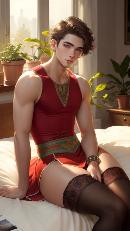(photorealism:1.2), young man, lying on bed, wearing sleeveless red cultivation dress,, very short spikey boyish hair, indoors, soft lighting, plants in background, window with sunlight, cozy room, relaxed pose, realistic, intricate details, warm colors, by Greg Rutkowski, by Alphonse Mucha, wide hips , long legs, thick thighs, large feminine hips, thin and narrow weist, skirt, thigh high stockings , hot man