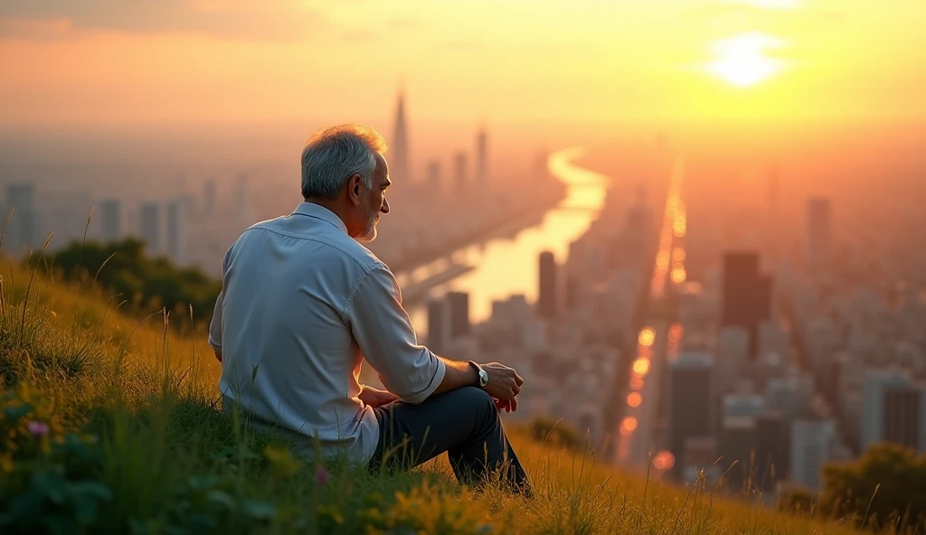 Arjun sitting peacefully on a hill, looking out over the city he built his success in, content and proud.