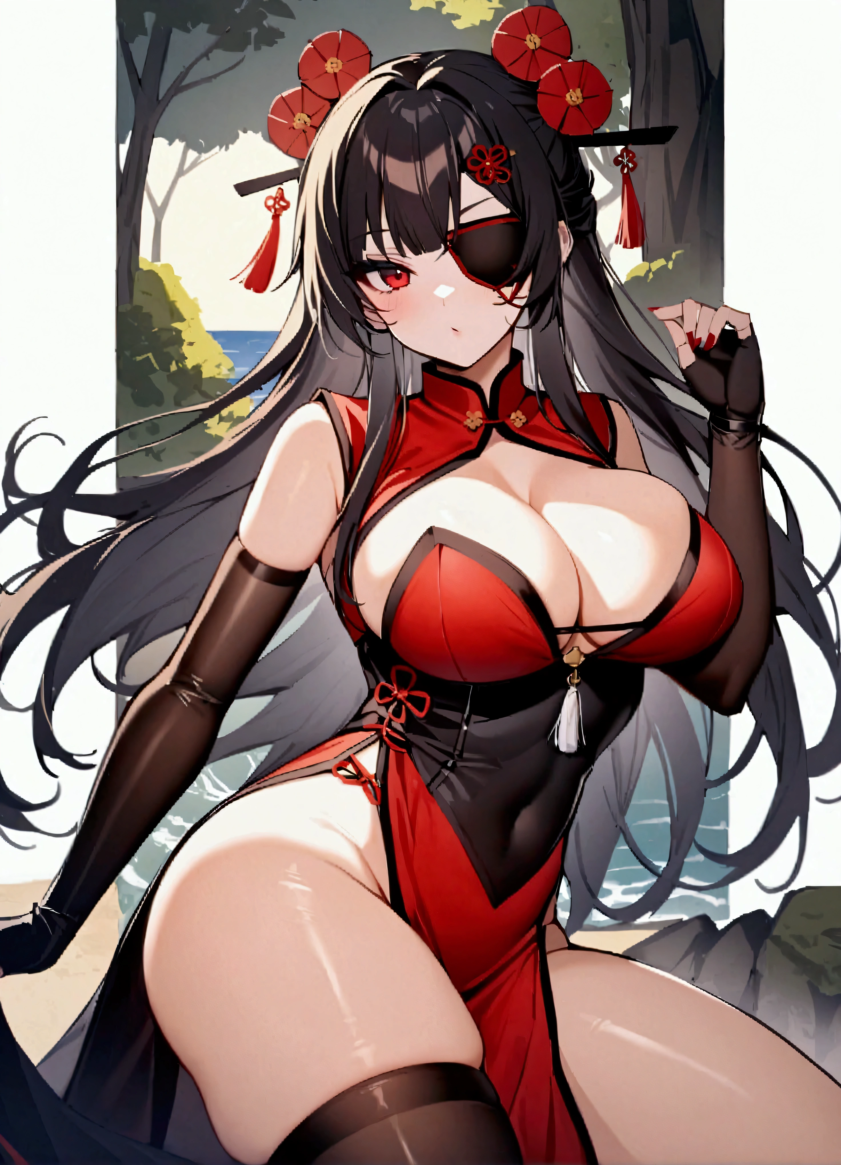 score_9, score_8_up, score_8, 1girl, solo,imtdbeidou, black hair, bangs, red eyes, long hair, large breast, hairpin, hair ornament, eyepatch, chinese clothes, cleavage, black thighhighs, pelvic curtain, elbow gloves, fingerless gloves, large breast, hairpin, hair ornament, eyepatch ,perfectly round breasts, large ass,  coast, forest, mouth closed, seductive, looking at viewer, sexy pose