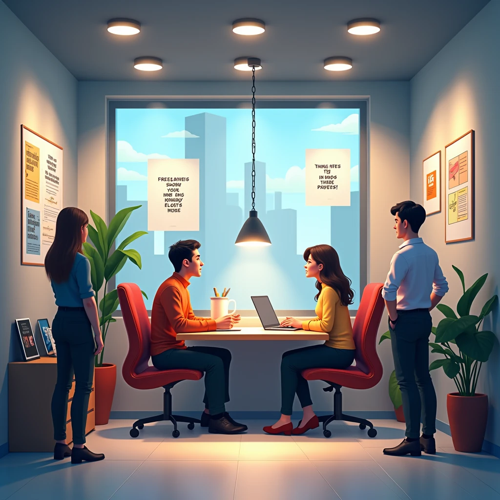 Dreams IT Park Counseling Center is written above all.
“Let's have any advice related to freelancing” 
An expert is sitting in the office and giving freelancing related advice to one. There are motivational posters in different parts of the office. Many others are waiting to be consulted in the office.