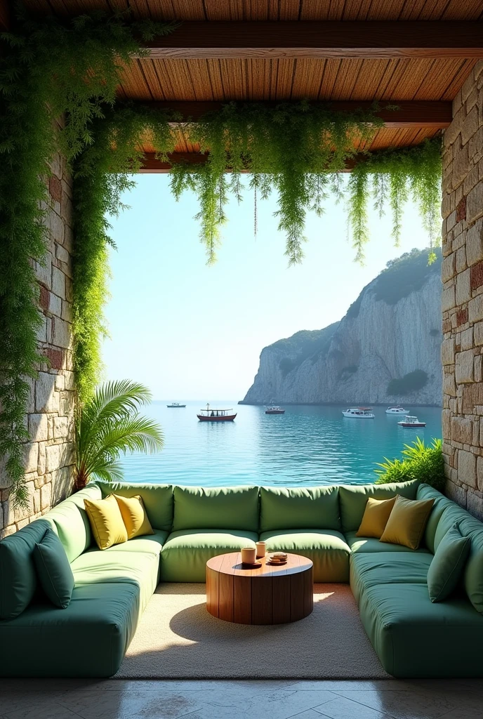 The image shows a beautiful outdoor living space with a stunning view of the sea. The space is furnished with a large sectional sofa with green cushions and a wooden coffee table in the center. The sofa is surrounded by a stone wall and a thatched roof with green plants hanging from it. In the background, there is a cliff overlooking the sea with boats on the water. The sky is blue and the overall atmosphere is peaceful and serene.