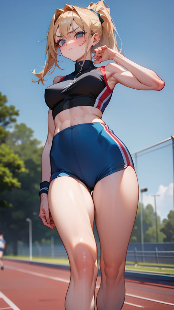 College athlete ((sexy and confident Woman)), slender but toned, (masterpiece, best quality), focused expression, (real picture, intricate details), (1 lady, solo, firm breasts, toned legs, athletic but feminine body), long ponytail, determined eyes, (tight sports bra, short running shorts, sleek sneakers), standing on a university track, (perspective slightly from below, emphasizing her strength and presence), poised to start running, one hand on the ground, (muscles subtly defined, not overly muscular), confident and intense, (university campus, track in the background, clear blue sky), Background: Vibrant and energetic scene, bright daylight, shadows adding depth, casual yet powerful atmosphere