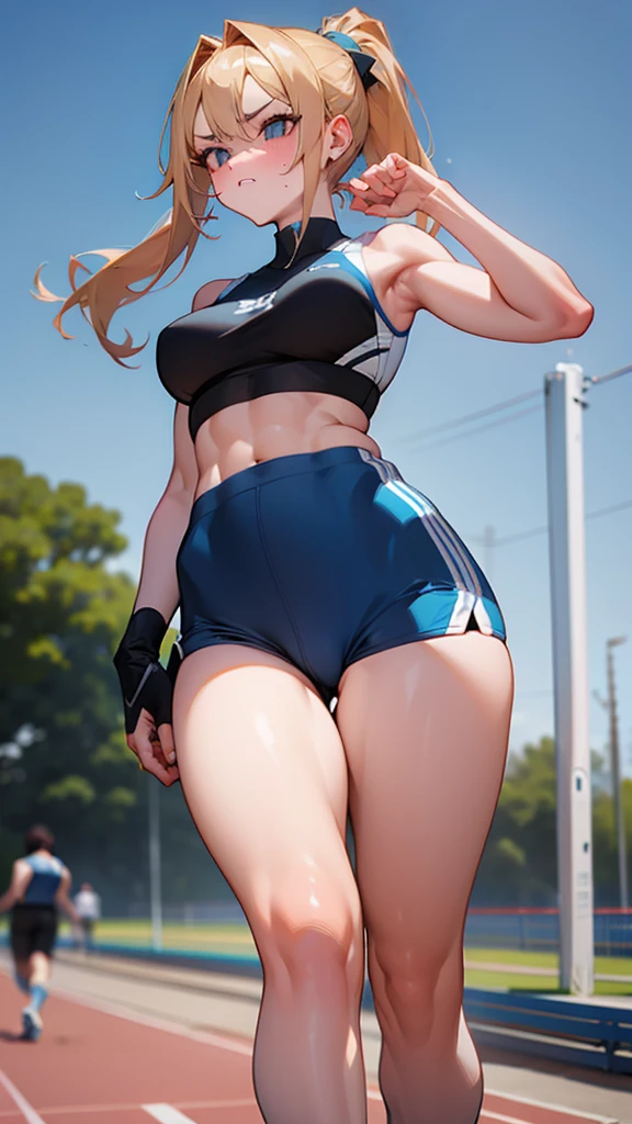 College athlete ((sexy and confident Woman)), slender but toned, (masterpiece, best quality), focused expression, (real picture, intricate details), (1 lady, solo, firm breasts, toned legs, athletic but feminine body), long ponytail, determined eyes, (tight sports bra, short running shorts, sleek sneakers), standing on a university track, (perspective slightly from below, emphasizing her strength and presence), poised to start running, one hand on the ground, (muscles subtly defined, not overly muscular), confident and intense, (university campus, track in the background, clear blue sky), Background: Vibrant and energetic scene, bright daylight, shadows adding depth, casual yet powerful atmosphere