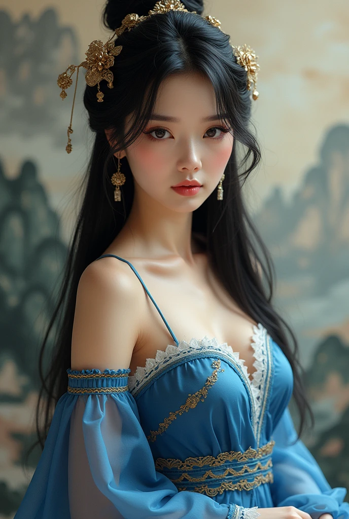 best quality,highres,realistic,photography,beautiful details,Volumetric lighting,xiju,1 girl,solo,black hair,hair ornament,makeup,long hair,chinese clothes,(bule clothes:1.4),(golden decorative lines:1.2),looking at viewer,cowboy shot,large breasts,sleeveless,off shoulder,short skirt,high fork,headdress,eyeshadow,The background is Chinese ink wash landscape painting,blur the background,