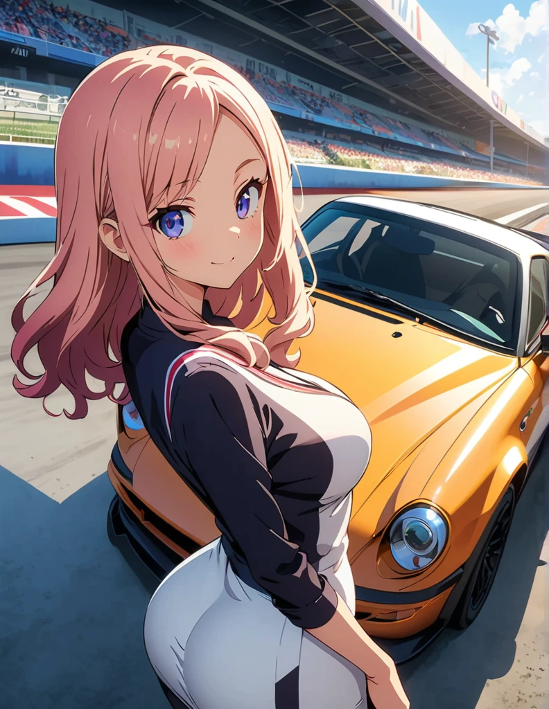 (anime artwork, anime style, studio anime, very detailed, up to date, vibrant, Anime Coloring, high contrast, masterpiece:1.2, best quality, best aesthetics),1 girl, Medium chest,random hair, One eye is hidden by the bangs, perfect proportions, high detail skin, Cute, detailed faces,racetrack,automobile races, precise fingers,curvy,paddock girl, from behind,full body, mini body con