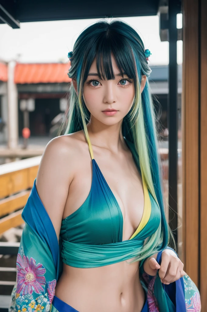 (masterpiece, Highest quality, High resolution:1.4), wallpaper, whole body, One person, Long Hair, (Blue Hair:1.0), (Black Hair:1.0), Green Eyes, Multicolored Hair, Gradient Hair, Small breasts, Turn to the side, yukata , Have a party popper, night, Hair Clip, bangs,