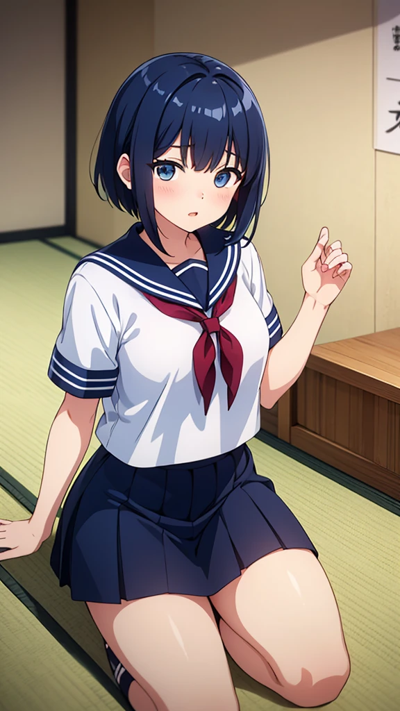 ((masterpiece, Highest quality, Very detailed, Very nice 8K CG wallpaper)), , A little thick, Medium Hair, Navy Blue Hair, short hair, Dark blue eyes,judo player、Sailor style uniforms、Large bust、Sailor suit、mini skirt、judo、Cute expression、InSide the judo GymnaSium、、On the tatami、discovery、One person'S、whole body、rest、Hoshino Ichika、Bust Size D Cup、幼い頃judo家に育てられた、The strongest woman to win a tournament、Ninth Dan、The strongest woman who defeated the bully、Sweating