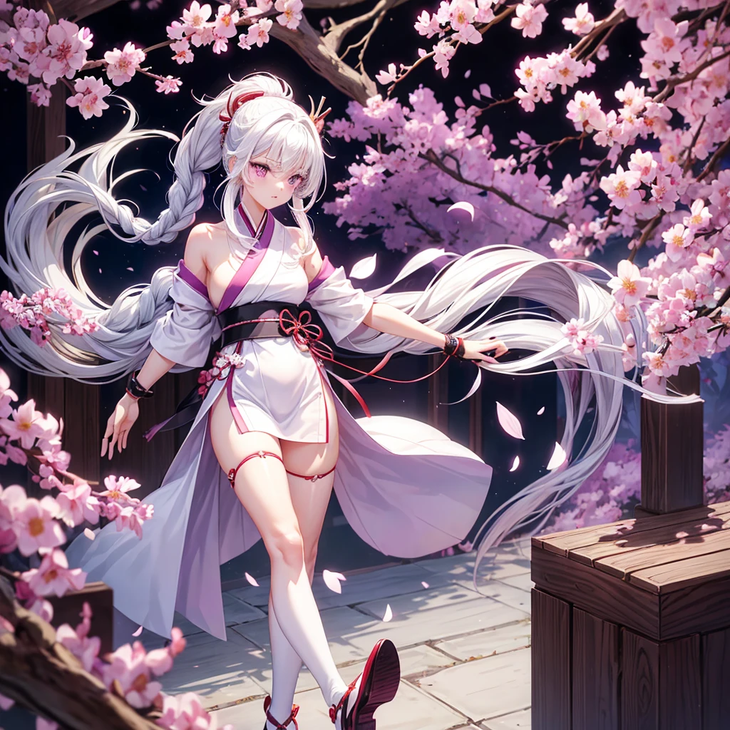 Girl, , fair skin, long white hair braided in one ponytail, purple eyes, white yukata with open legs and sakura petals, slim, beautiful legs, black belt, black gloves, red sakura flowers, purple long cloak, detailing,  perfect, red and black bracelets on legs and arms, wooden heels, kitsune, kanzashi
