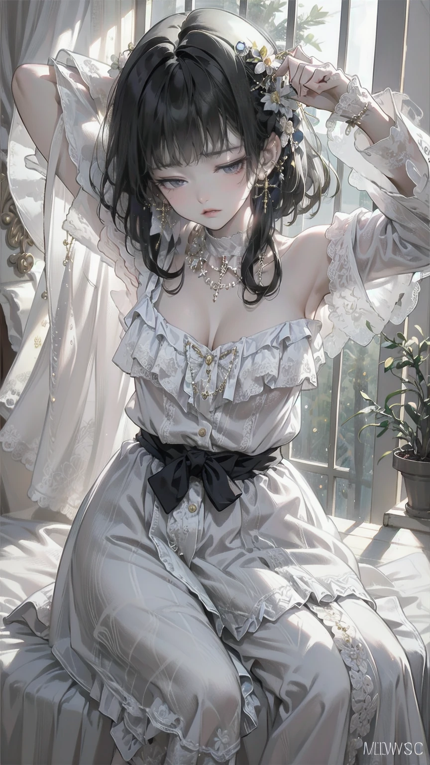 (masterpiece:1.2), Detailed fingers, Beautiful woman, Sitting on the bed, She is wearing a loose off-the-shoulder top., Pajama pants, Short Curly Hair, indoor, Soft lighting, Background plants, Window with sunlight, Cozy rooms, Relaxed pose, Intricate details, Warm colors, Japanese schoolgirl, stretching arms upwards, yawn loudly
